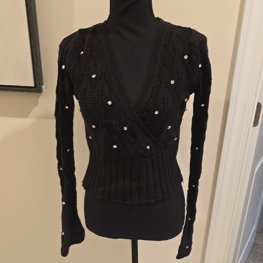 Forever 21 Black Knit Top with Rhinestone Gem Details